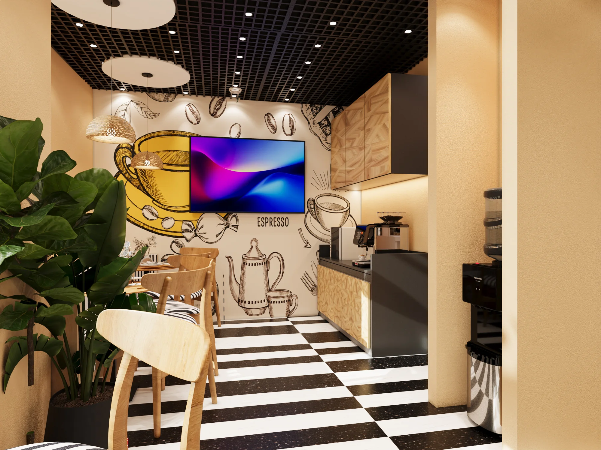 Compact café coffee corner with feature wall graphics, planting and counter (3D design visualisation)