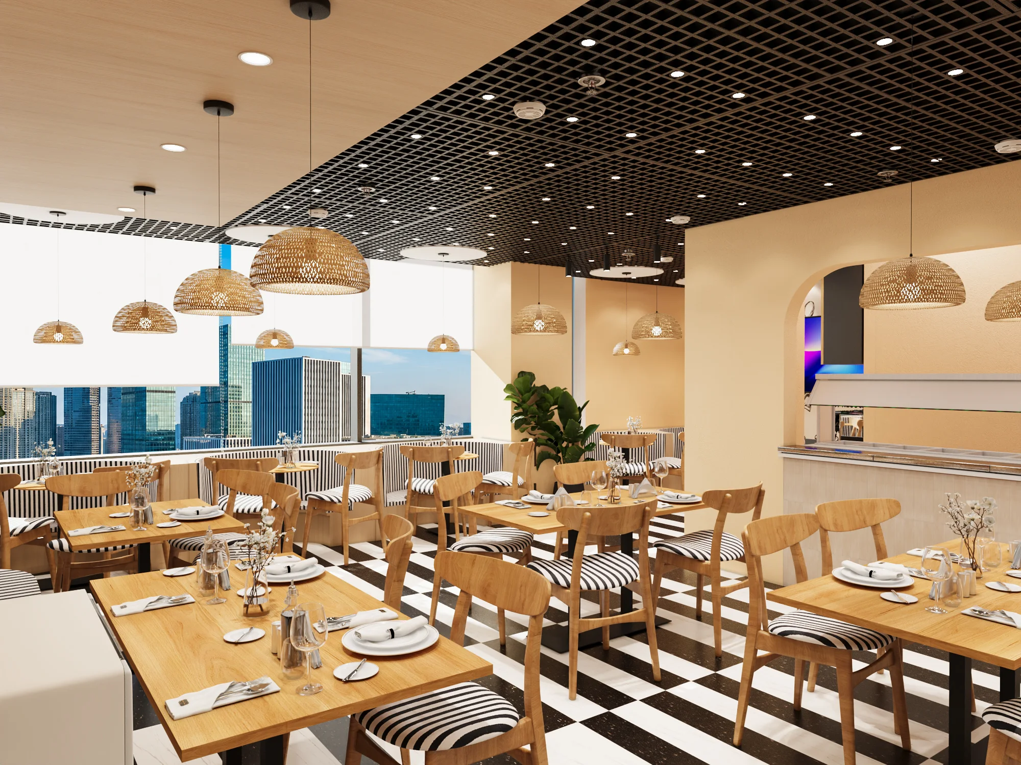 Café dining area beside a serving counter and large windows (3D design visualisation)