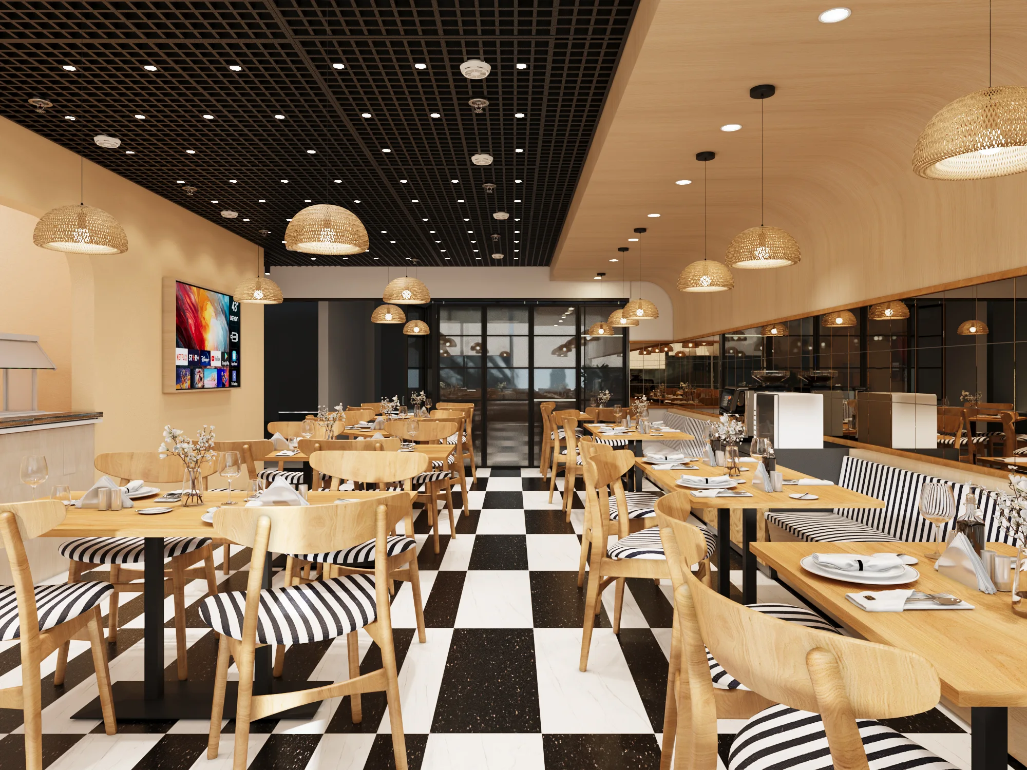 Café dining room with timber tables, woven pendant lights and a chequered floor (3D design visualisation)