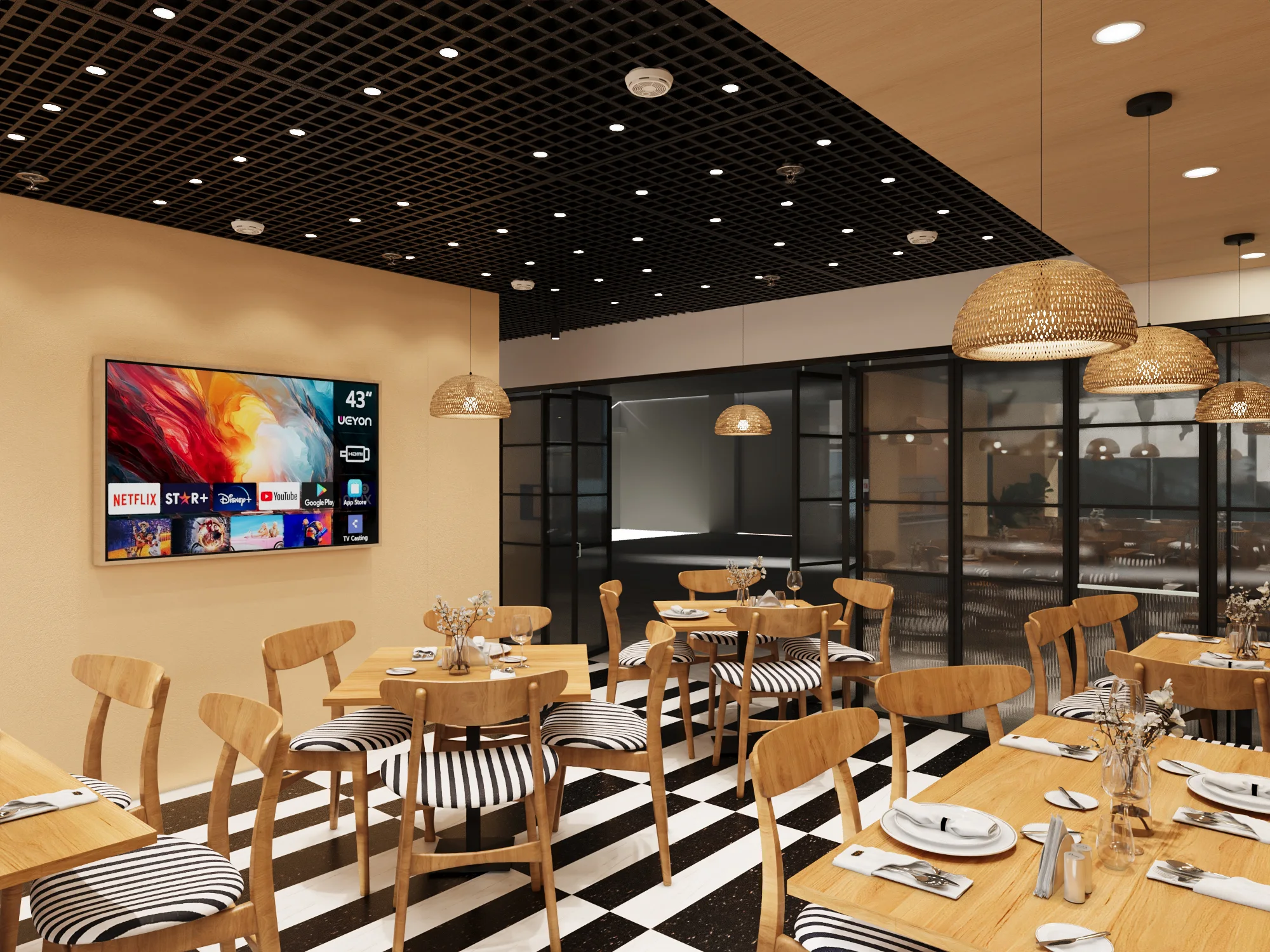 Café tables beside glazed partitions, wall display and woven pendants (3D design visualisation)