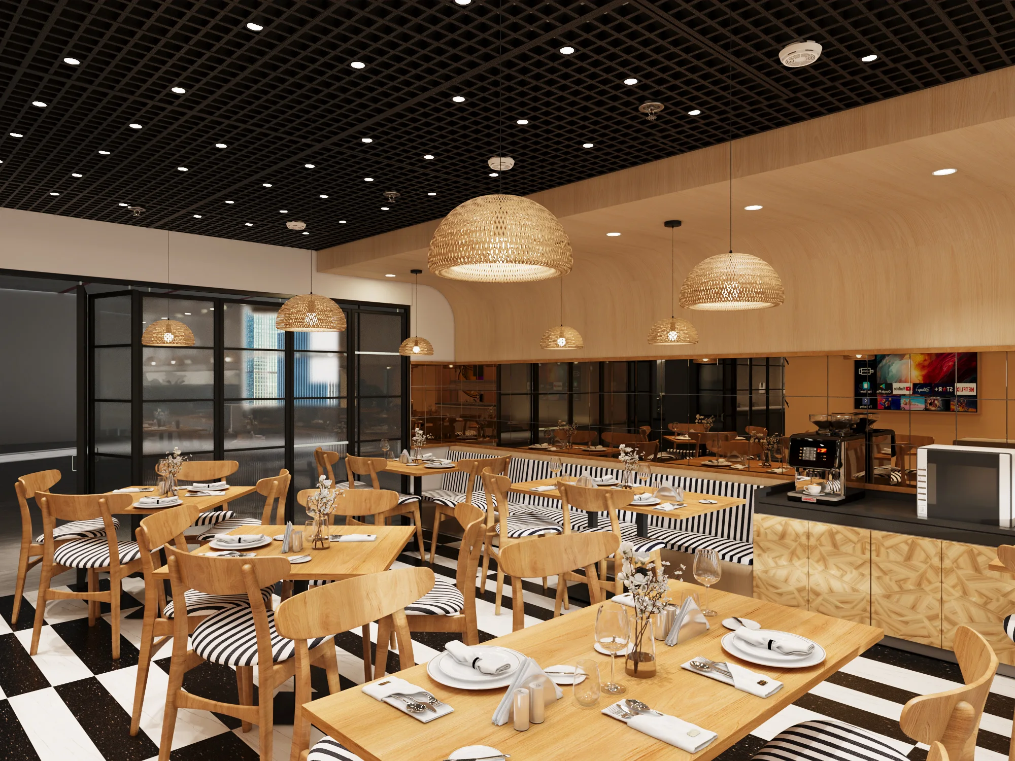 Café seating with timber finishes, woven pendants and an open grid ceiling (3D design visualisation)