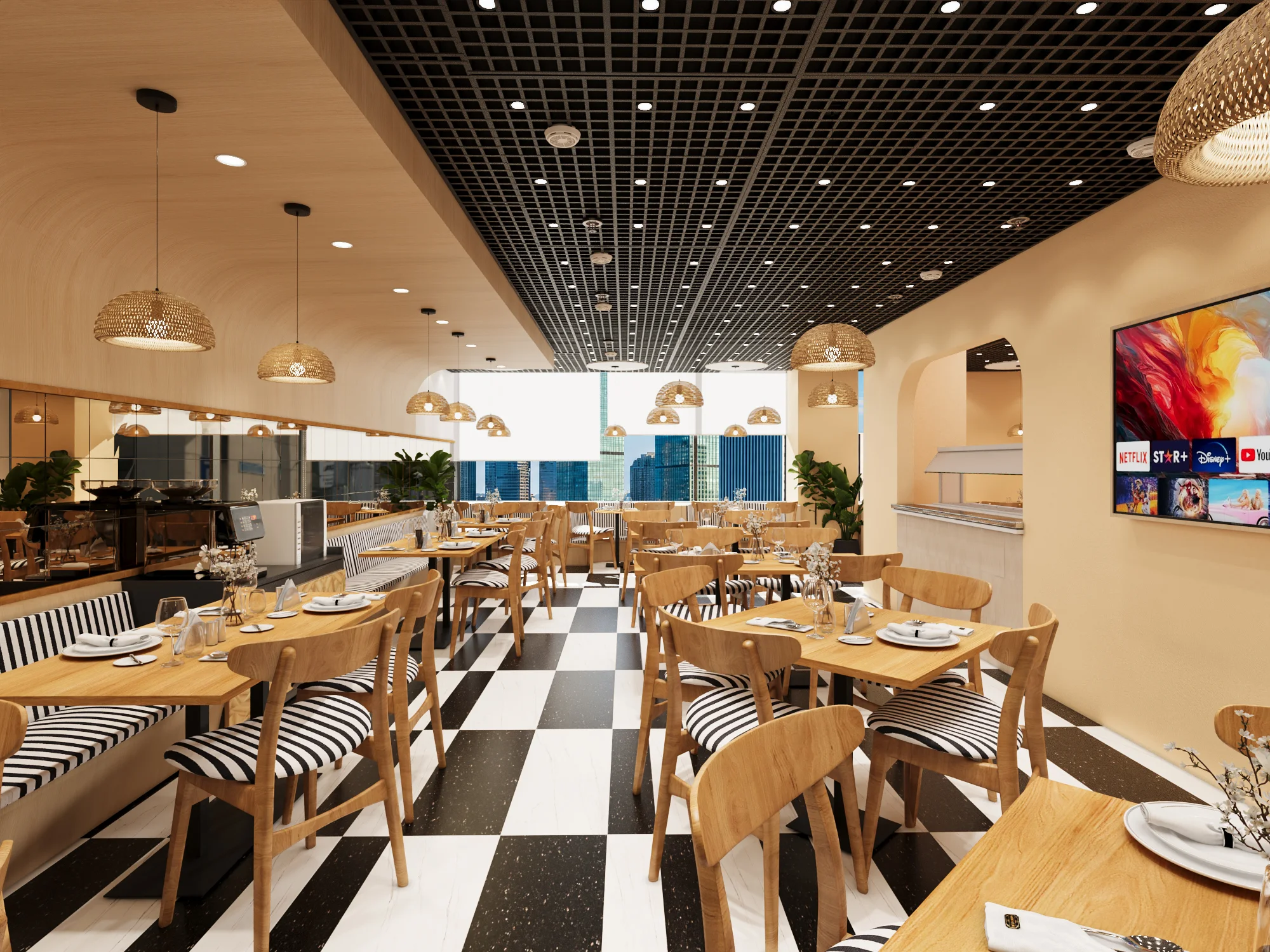 Dining tables and woven pendants arranged around a central café aisle (3D design visualisation)