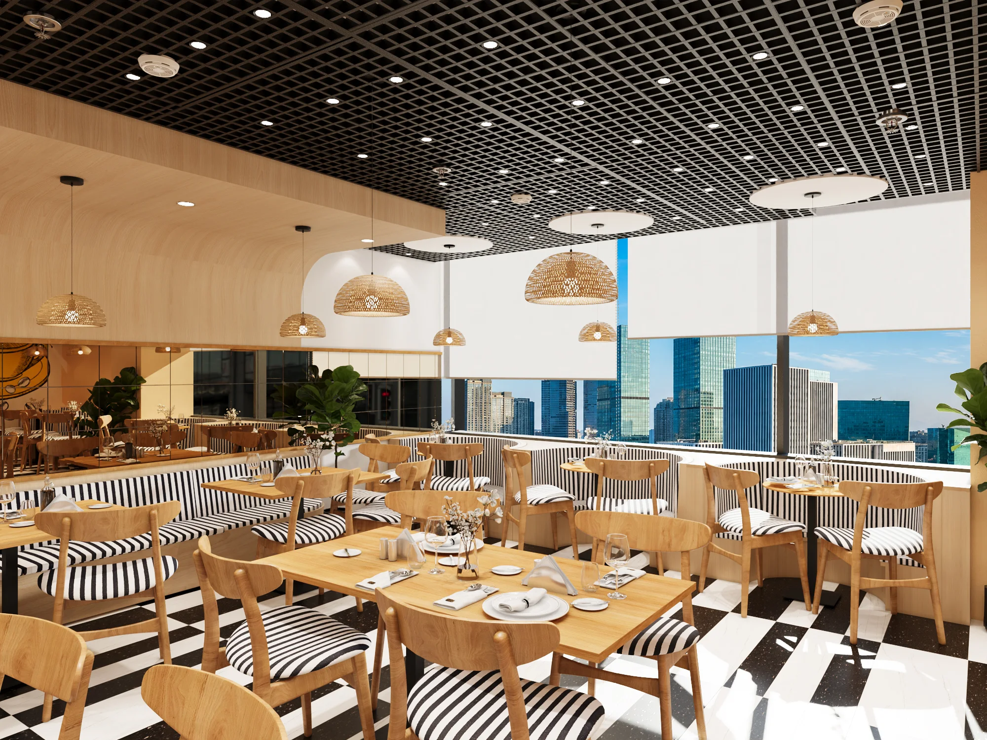 Window-side café tables with striped seating and woven pendant lights (3D design visualisation)