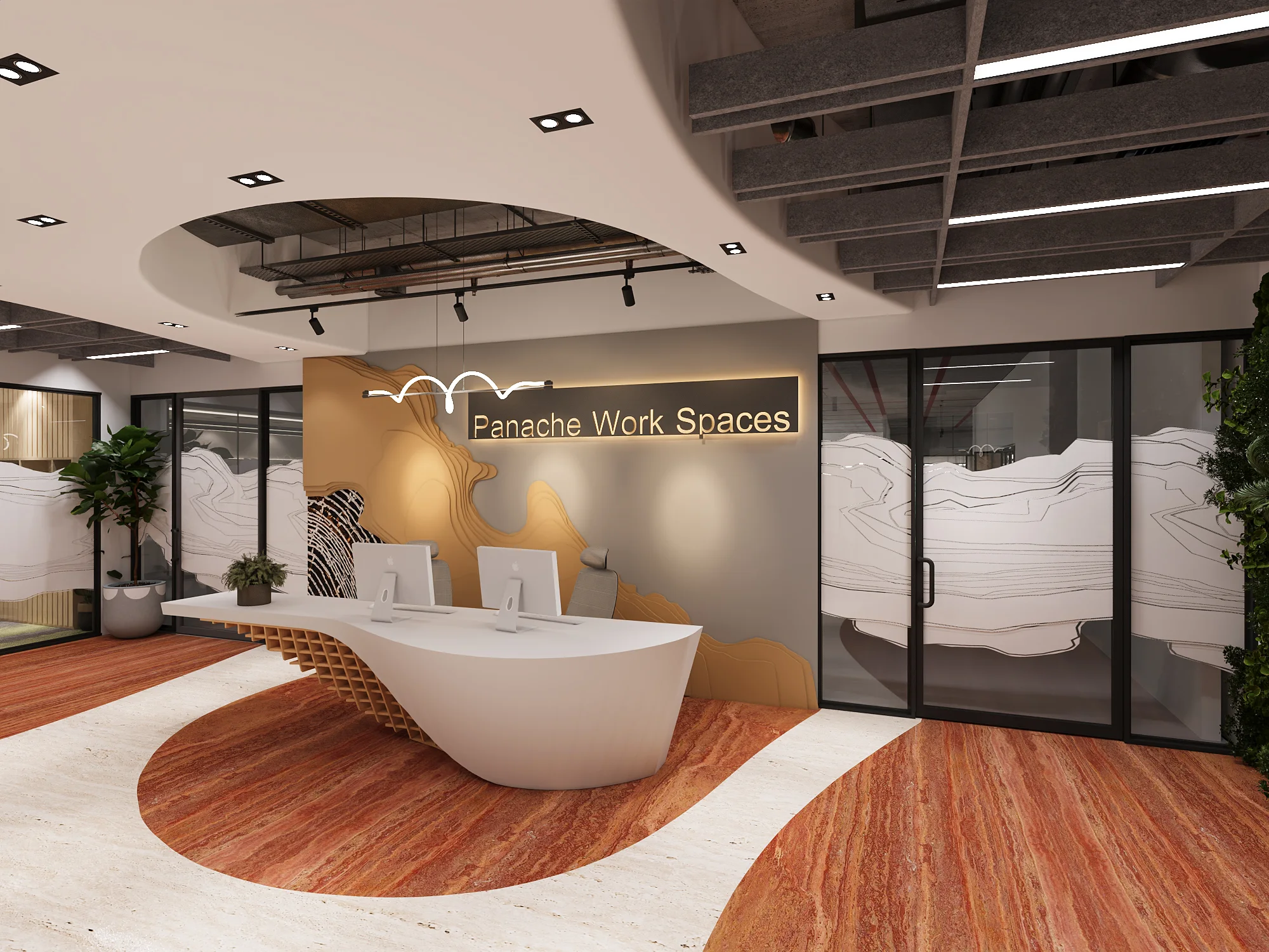 White reception desk with a sculpted feature wall and integrated lighting (3D design visualisation)