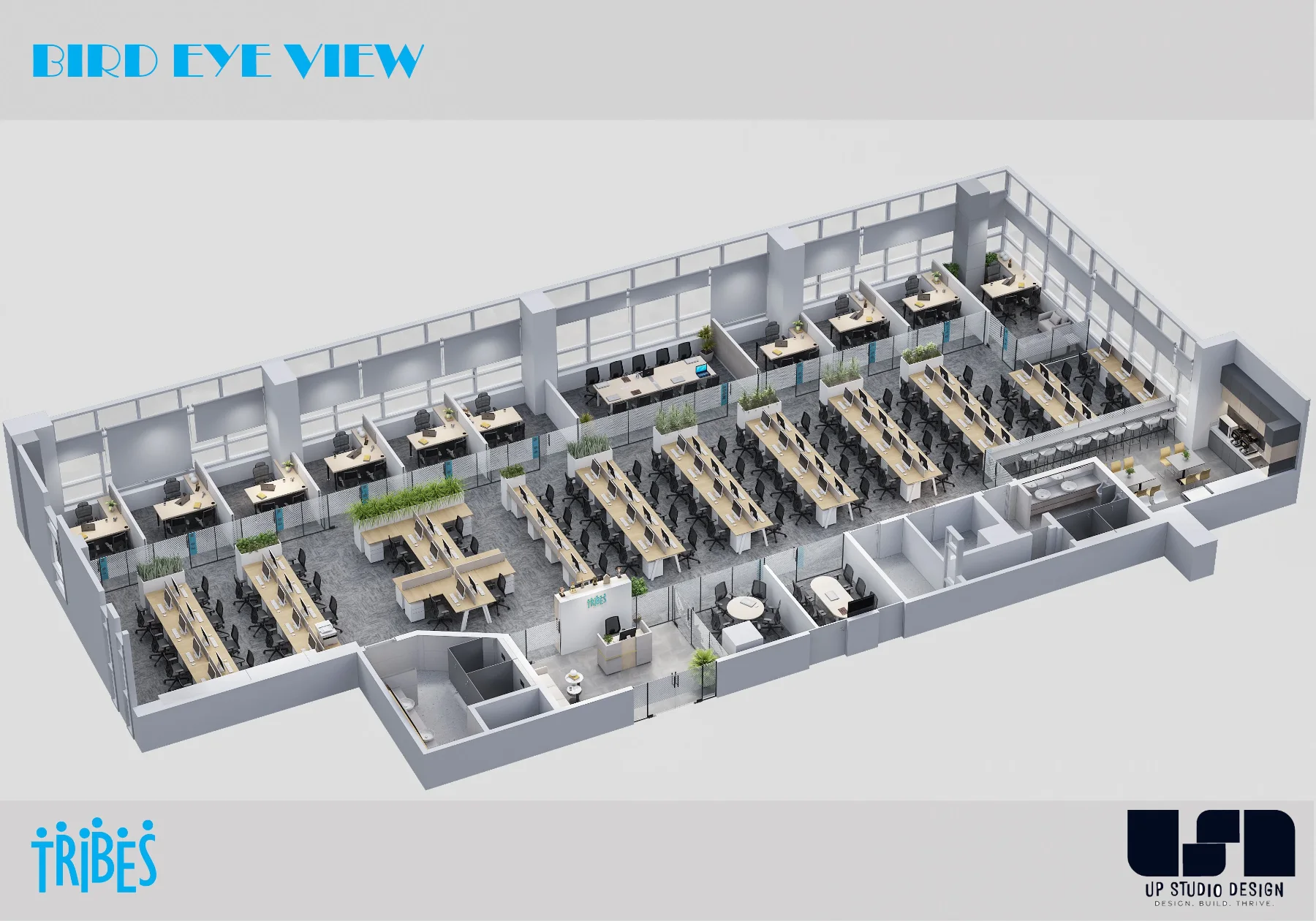 Tribes: Bird’s-eye layout of the workplace (3D design visualisation)