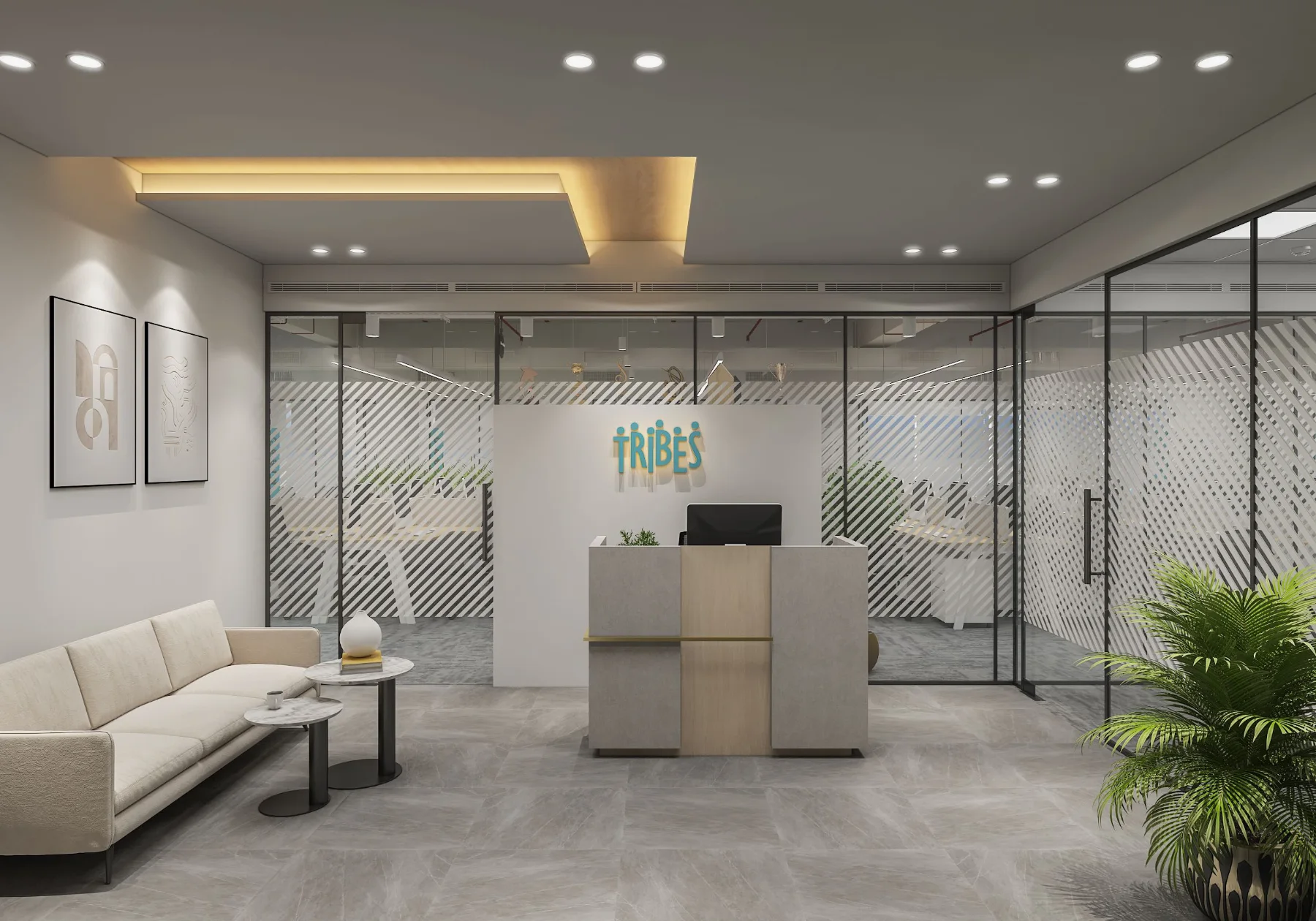 Tribes: Reception with Tribes branding and visitor seating (3D design visualisation)