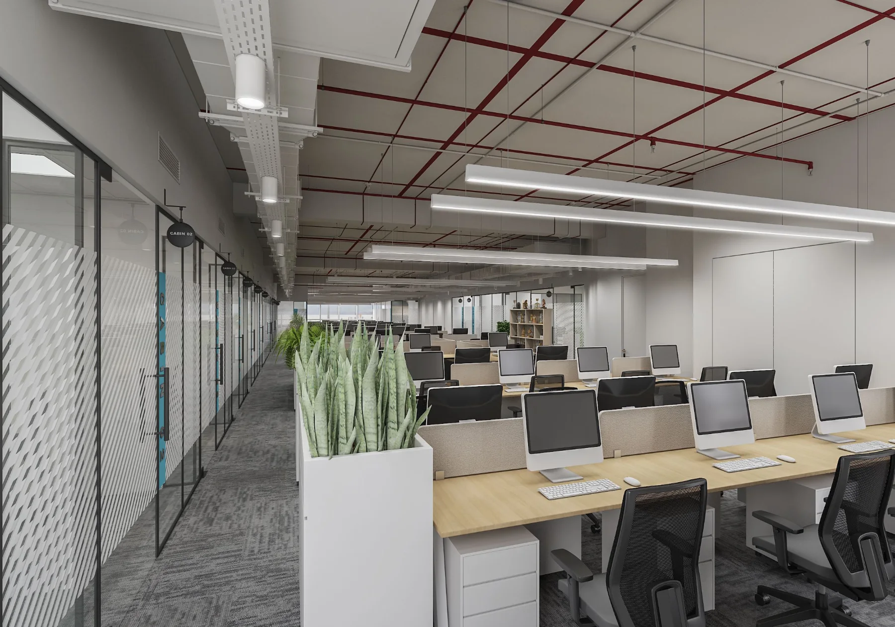 Tribes: Open workspace beside glazed cabins (3D design visualisation)