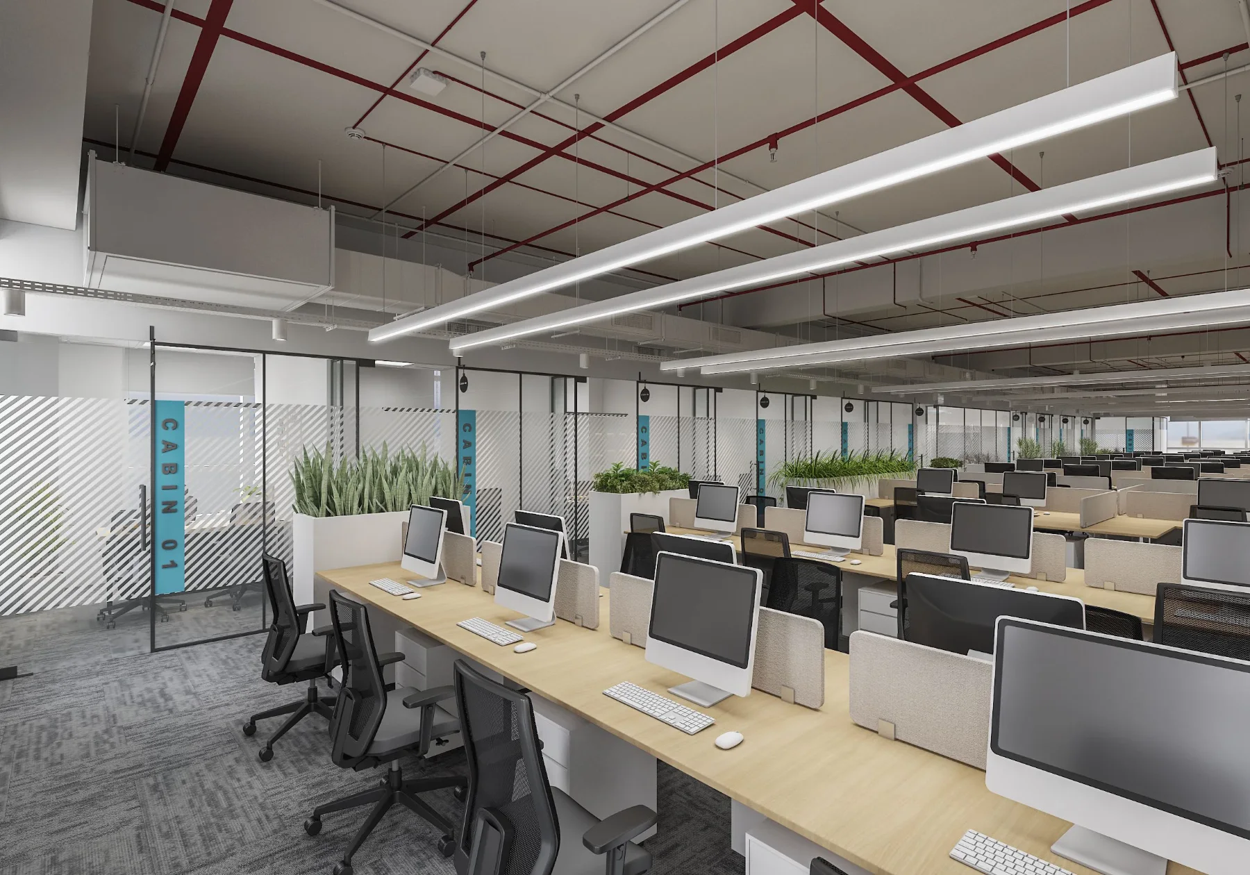 Tribes: Shared workstations and exposed ceiling services (3D design visualisation)