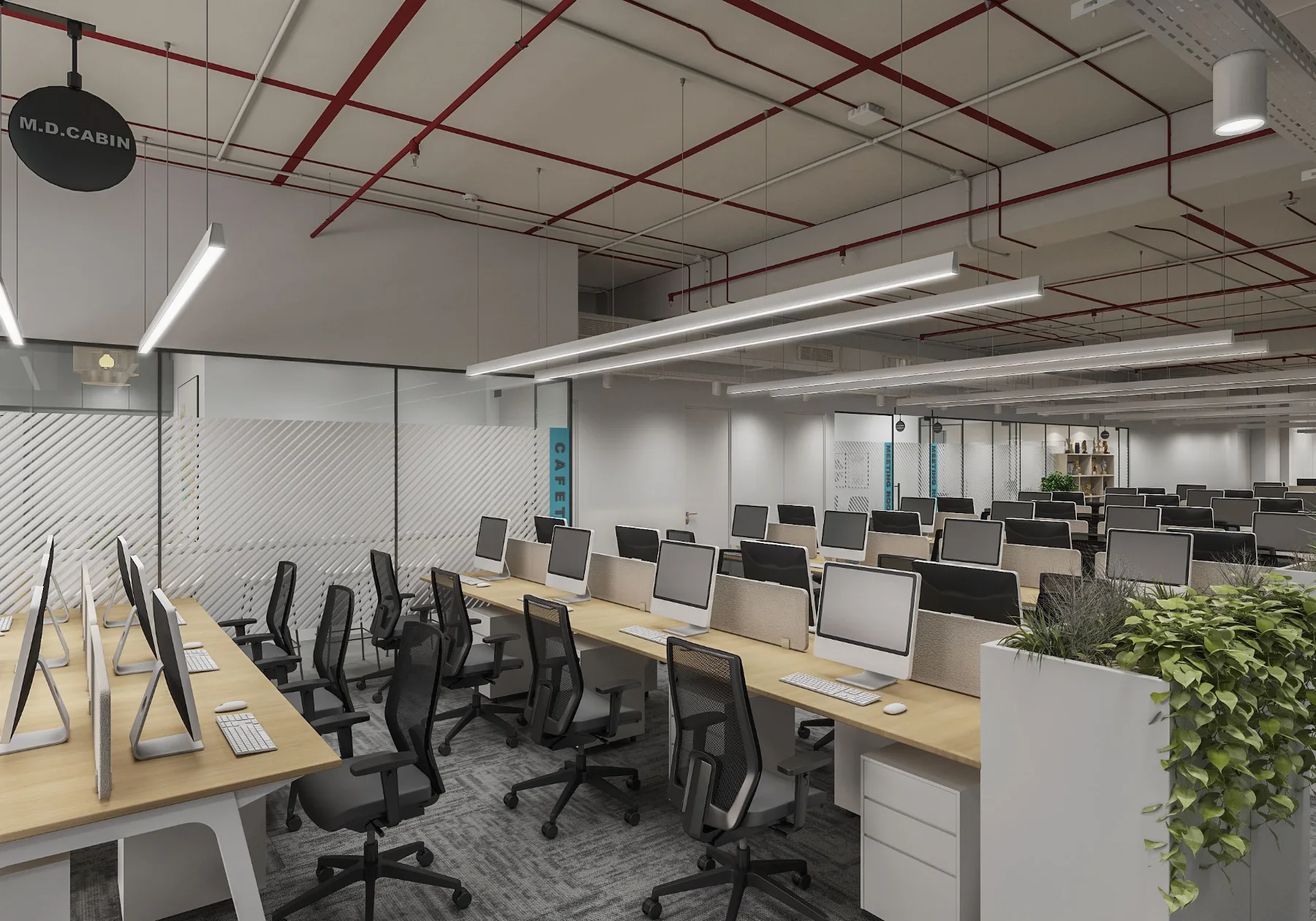Tribes: Workstation rows with planting and linear lighting (3D design visualisation)