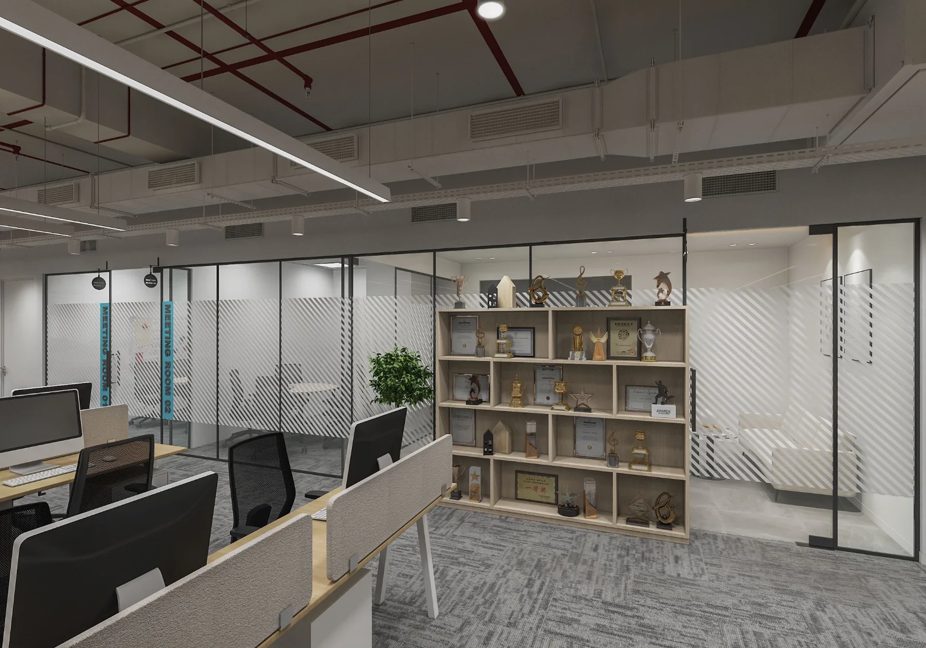 Tribes: Open workspace with shelving and glazed rooms (3D design visualisation)