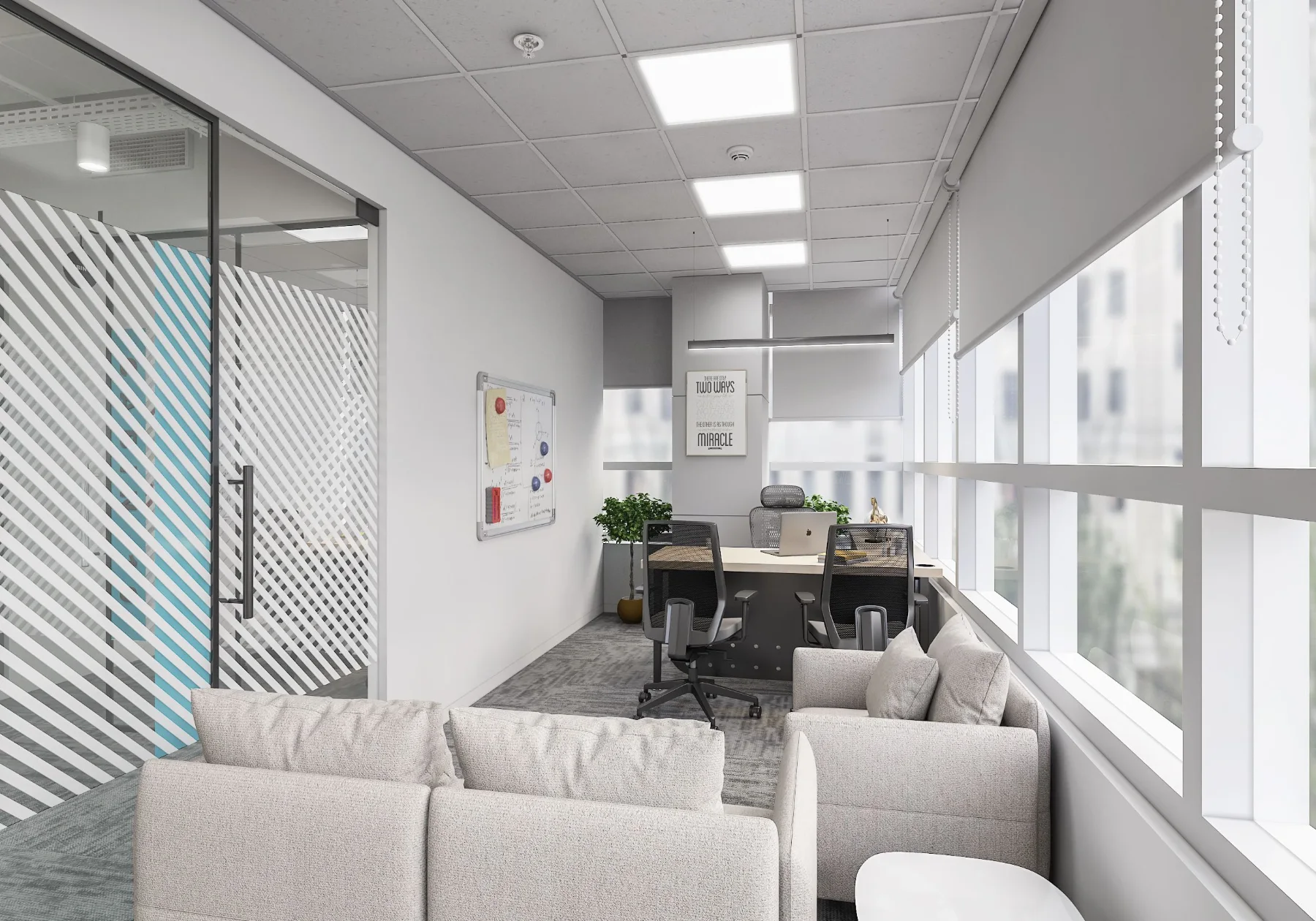 Tribes: Private office with lounge seating beside the windows (3D design visualisation)