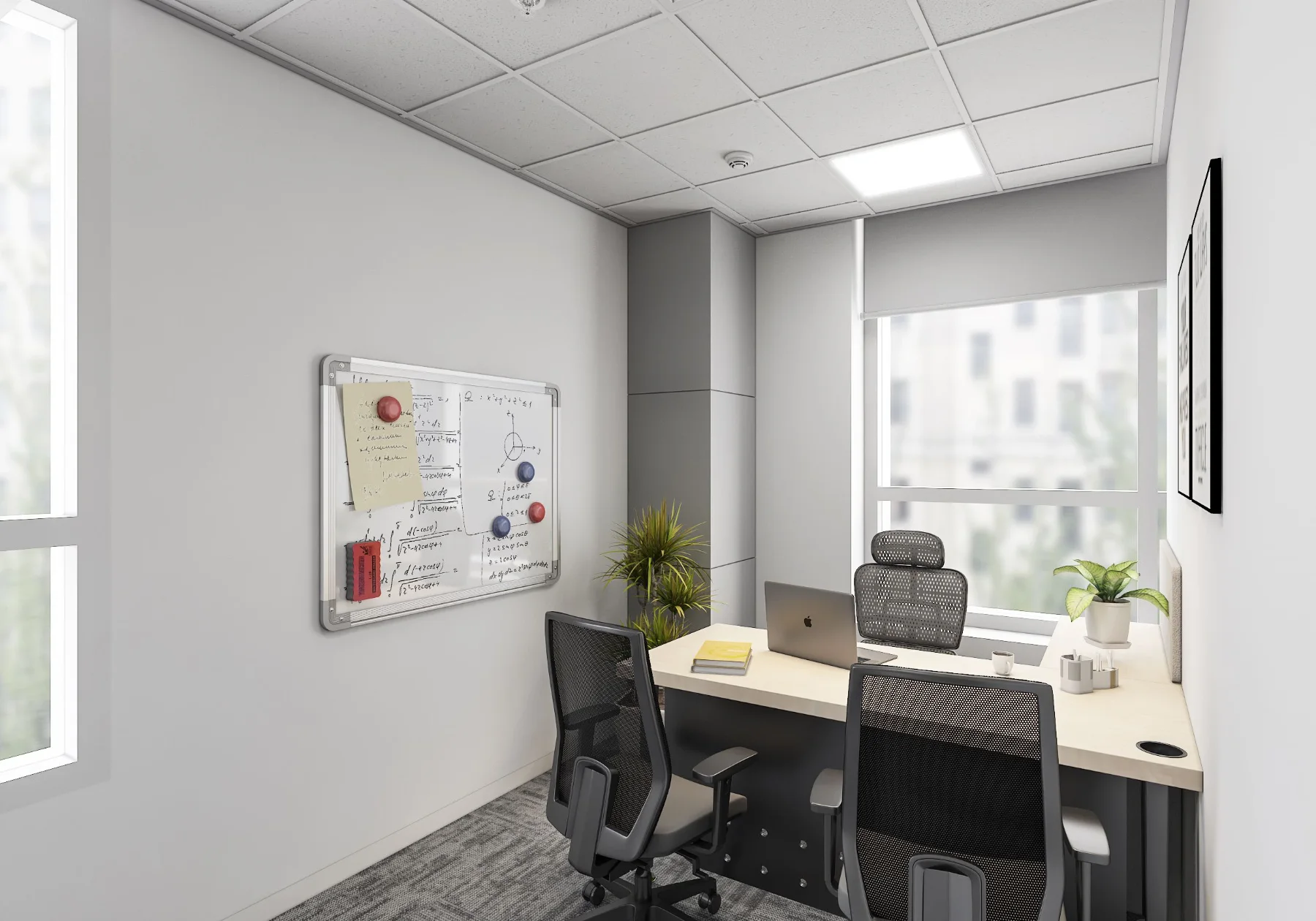Tribes: Private cabin with desk and visitor chairs (3D design visualisation)