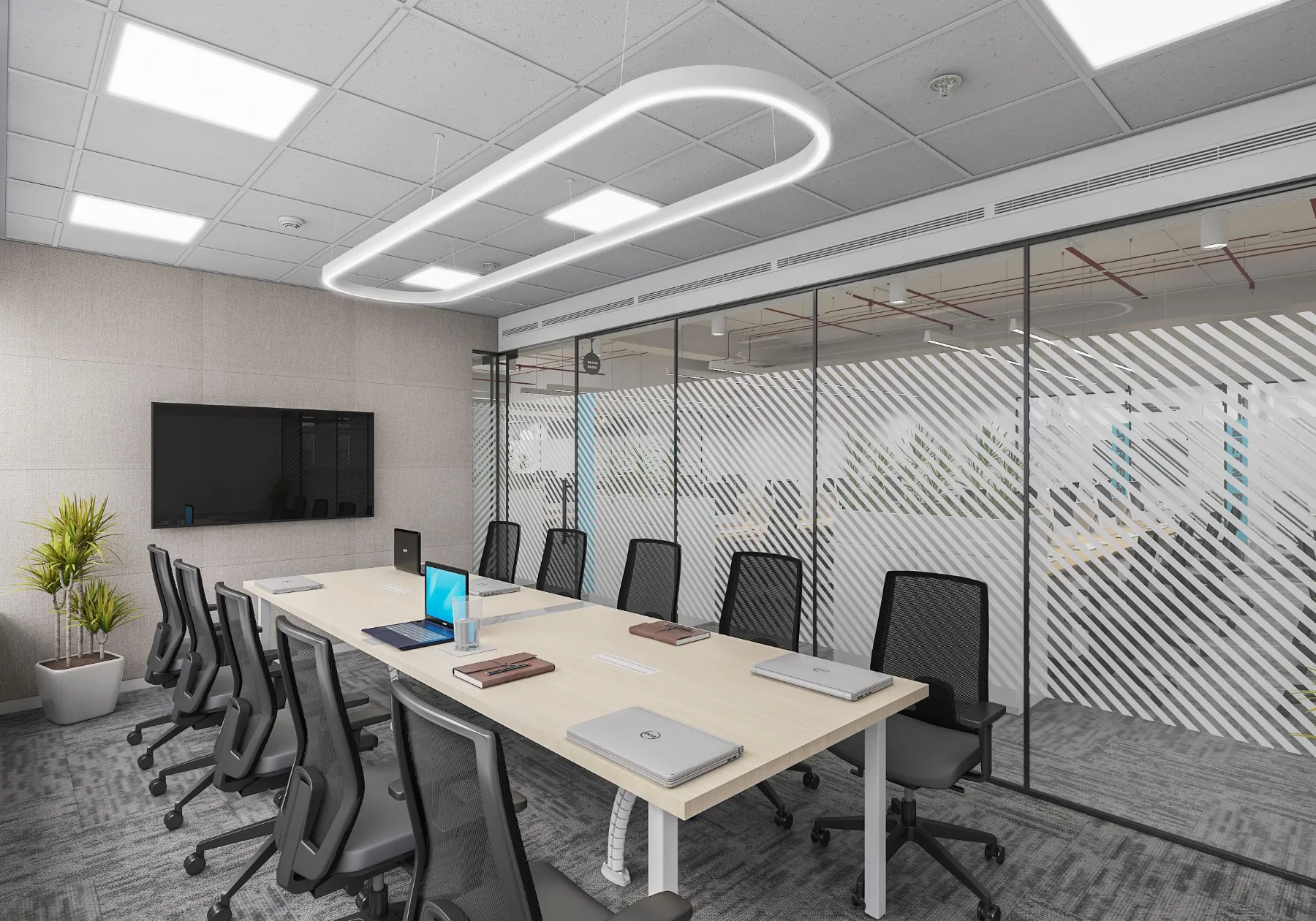 Tribes: Conference room with feature lighting and glazed partitions (3D design visualisation)