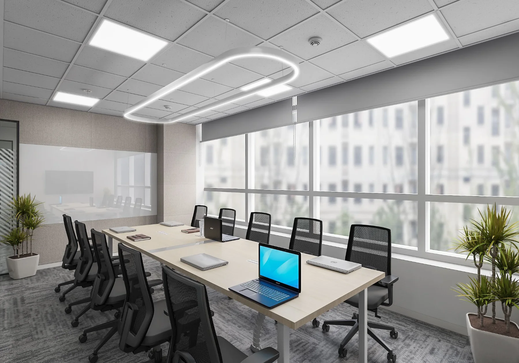 Tribes: Window-side conference table and meeting seating (3D design visualisation)