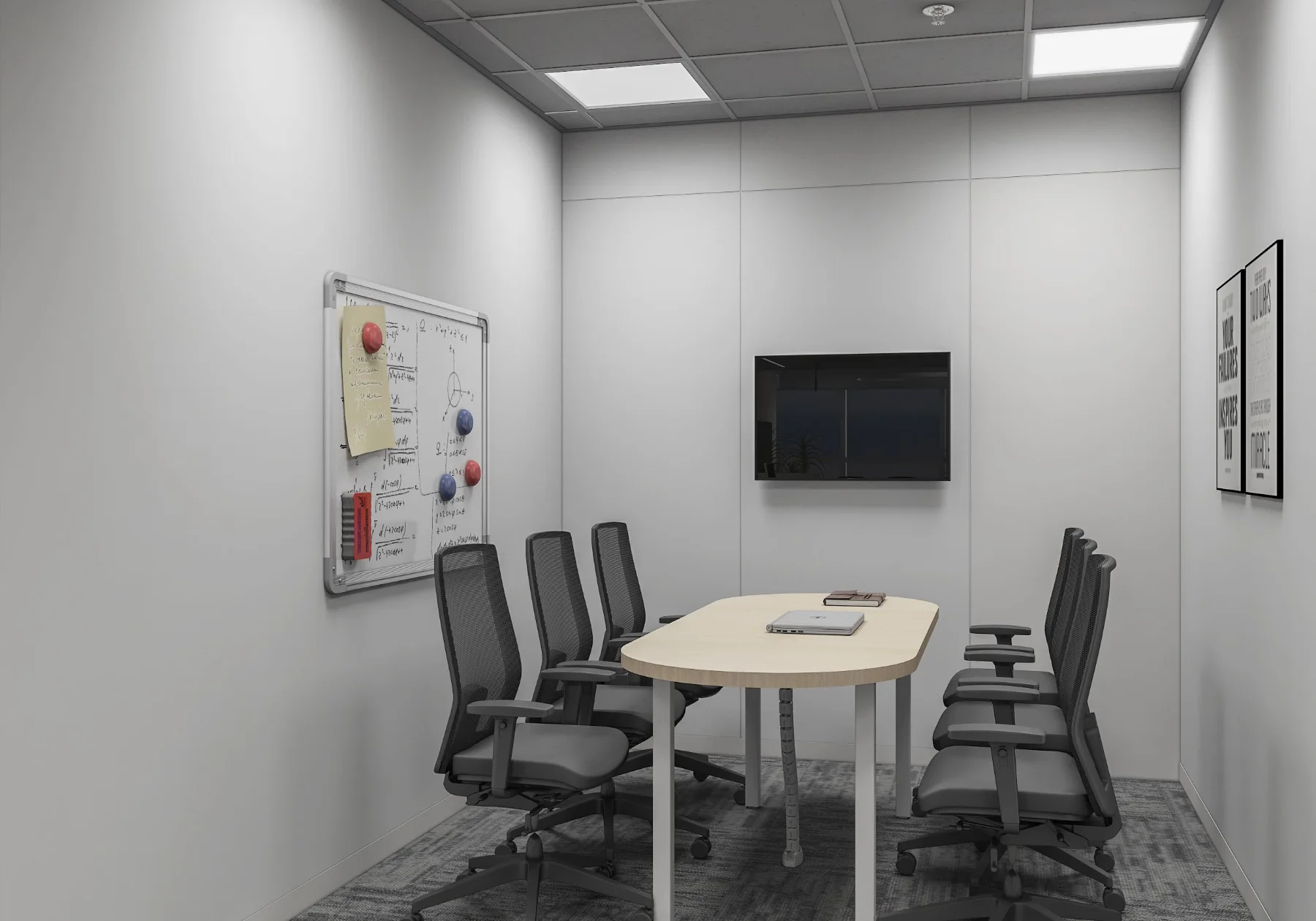 Tribes: Enclosed meeting room with a wall-mounted display (3D design visualisation)