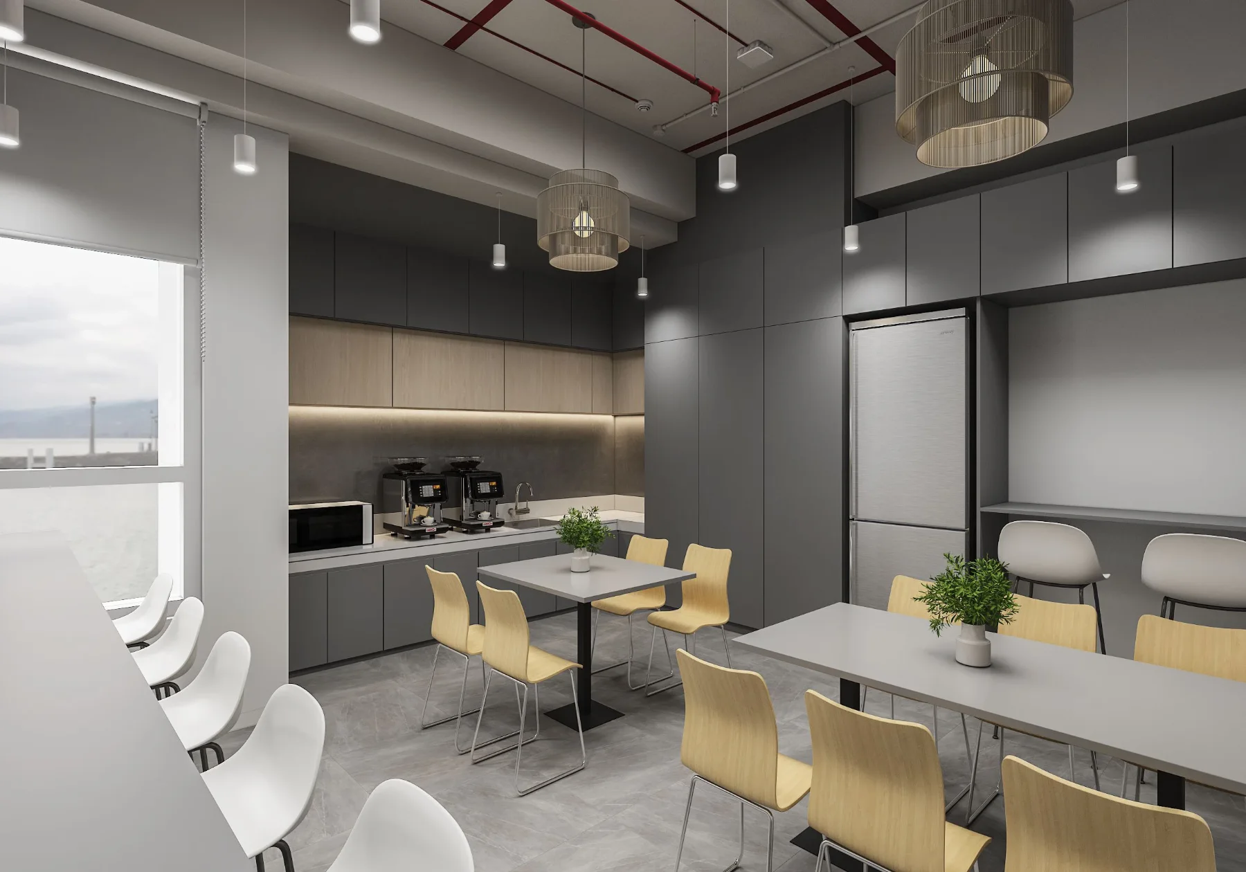 Tribes: Café-style pantry with shared tables and counter seating (3D design visualisation)