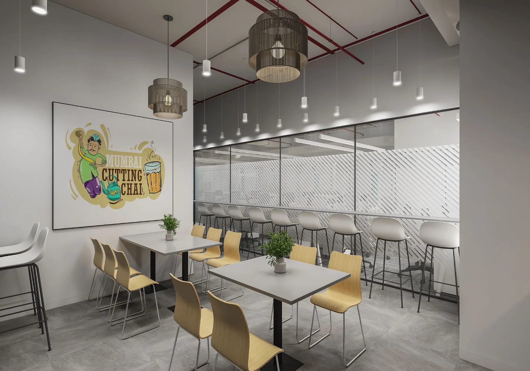 Tribes: Pantry and informal seating with feature lighting (3D design visualisation)